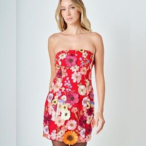Endless Rose Floral Embroidered Flower Embellished Strapless Red Mini Dress S